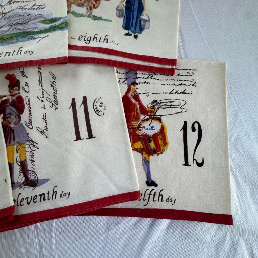 Williams Sonoma 12 Days of Christmas Cotton Napkins Set of 12 Red White RARE